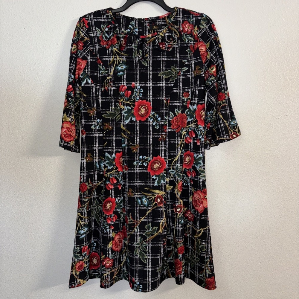 ILE New York Dress Women's 12 Dark Floral Bell Sleeve Knee Length Keyhole Detail